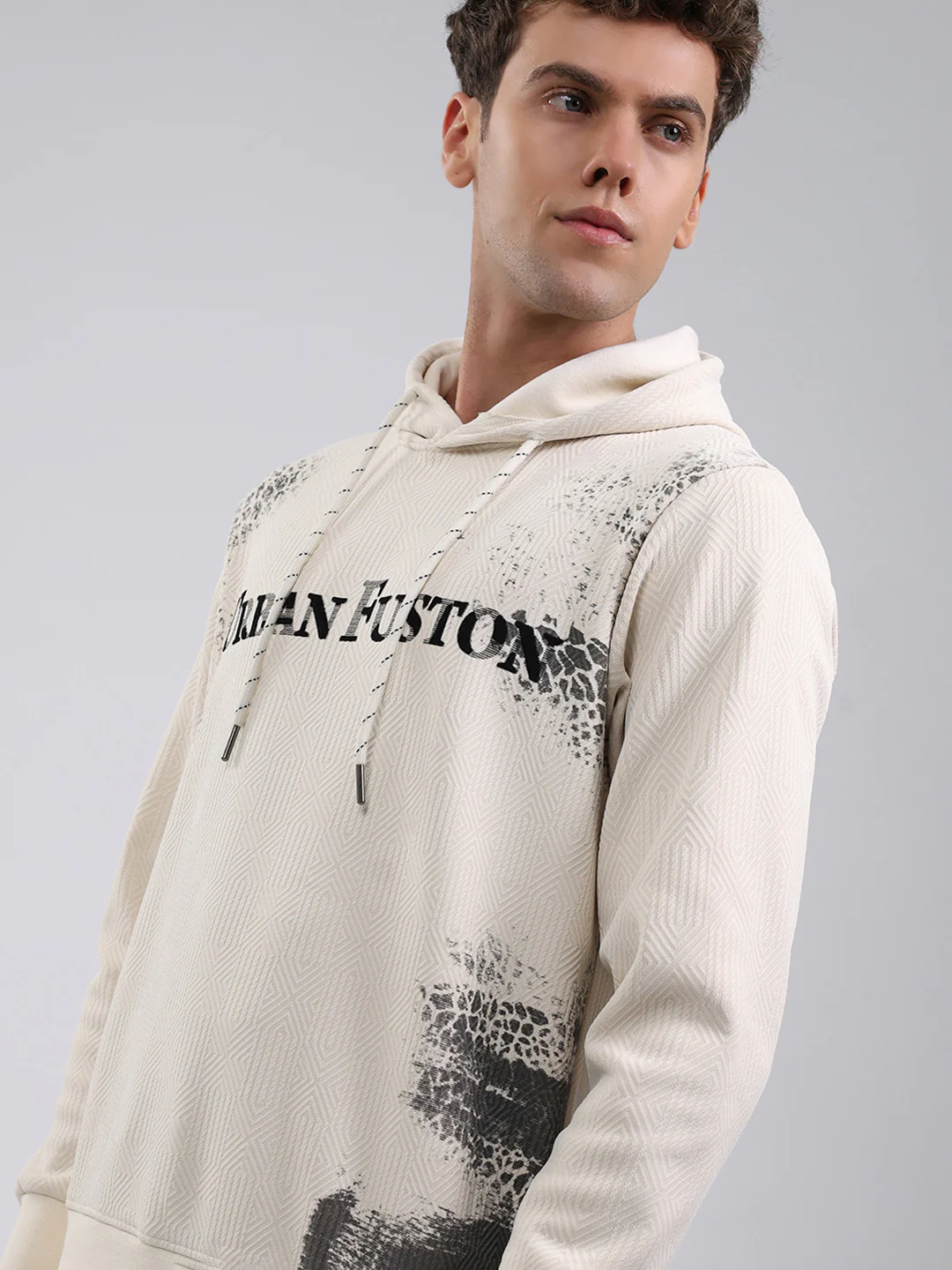 Men Off White Solid Hooded Full Sleeve Sweatshirt - Image 7