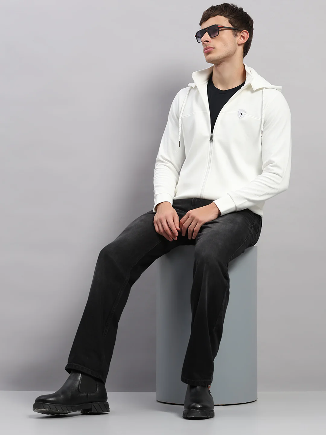 Men Off White Solid Hooded Full Sleeve Sweatshirt - Image 2