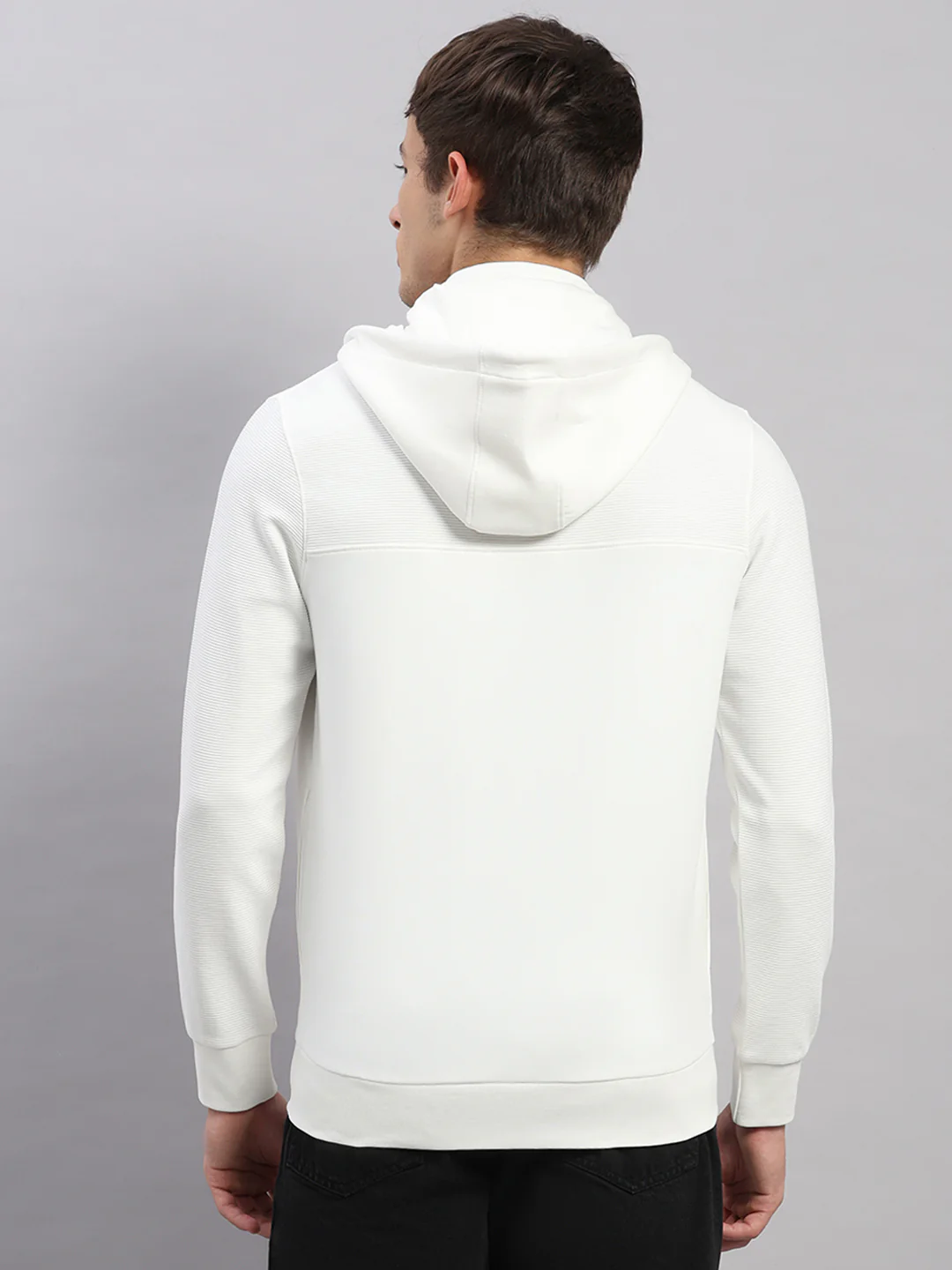 Men Off White Solid Hooded Full Sleeve Sweatshirt - Image 5
