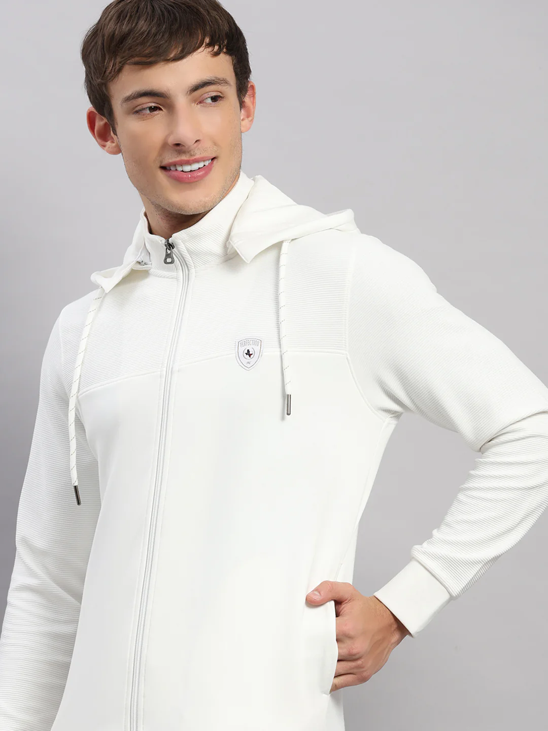 Men Off White Solid Hooded Full Sleeve Sweatshirt - Image 7