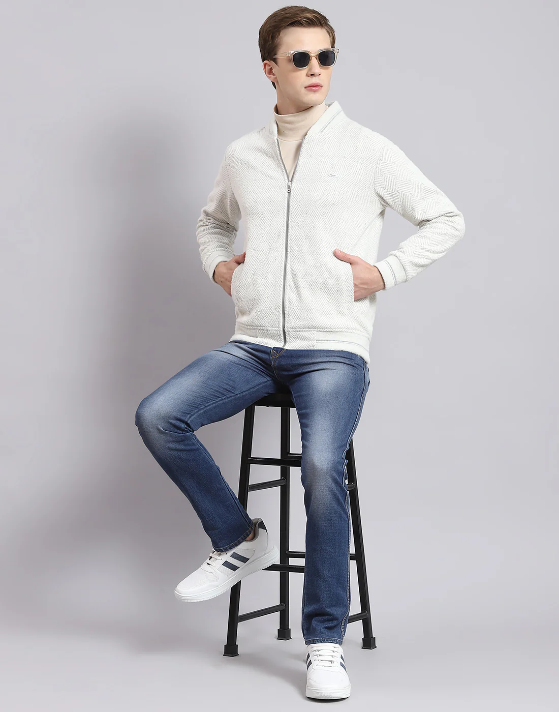 Men Off White Solid Mandarin Collar Full Sleeve Sweatshirt - Image 2