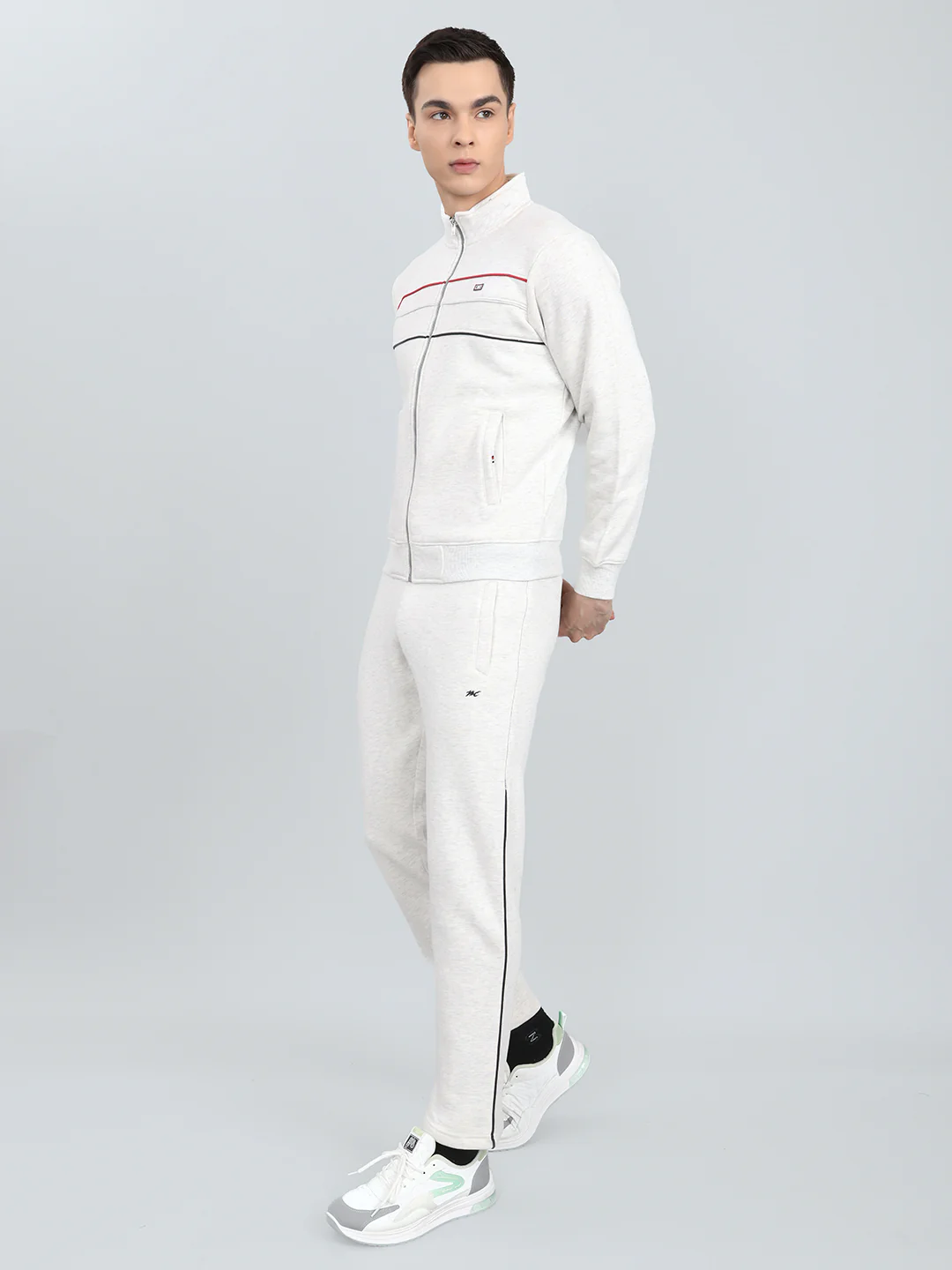 Men Off White Solid Mandarin Collar Full Sleeve Winter Tracksuit - Image 2