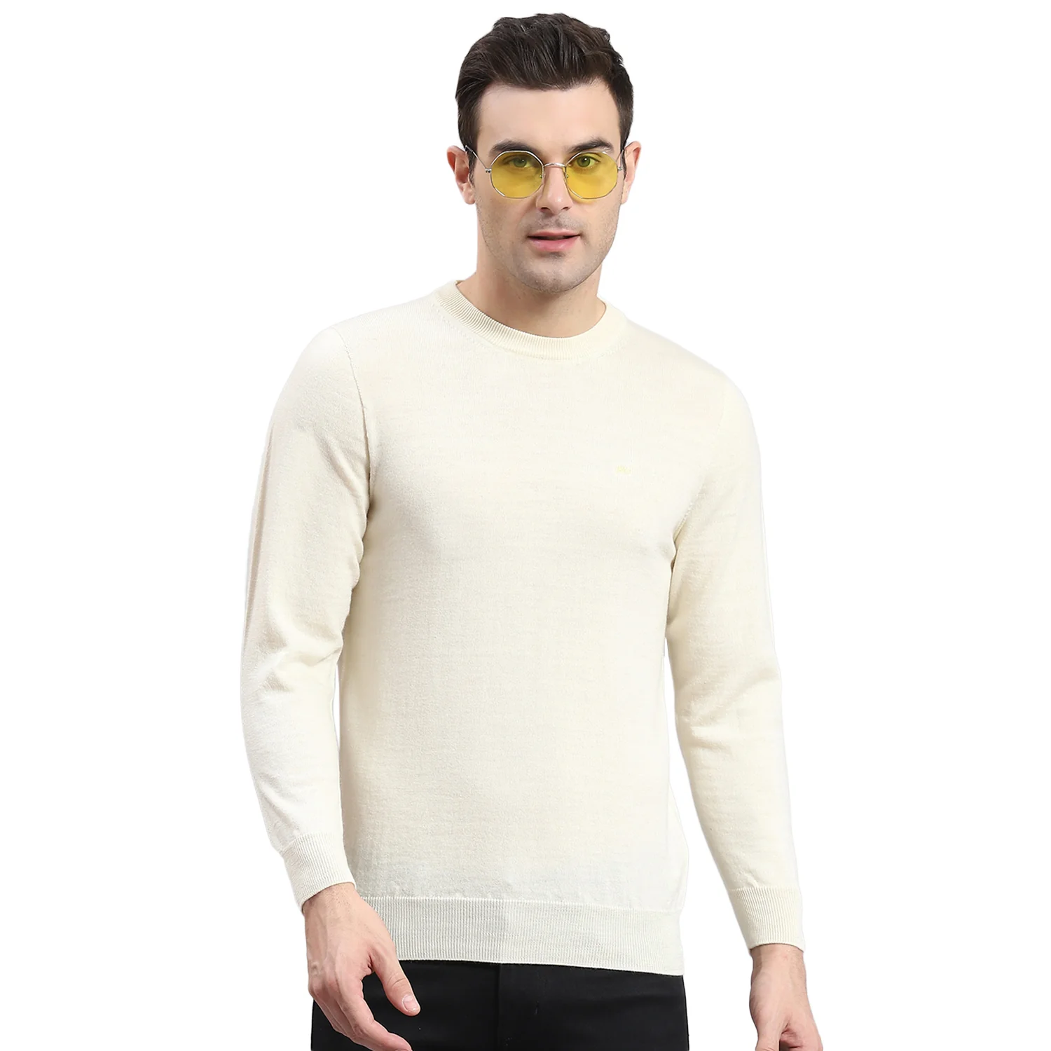 Men Off White Solid Round Neck Full Sleeve Sweater - Image 5