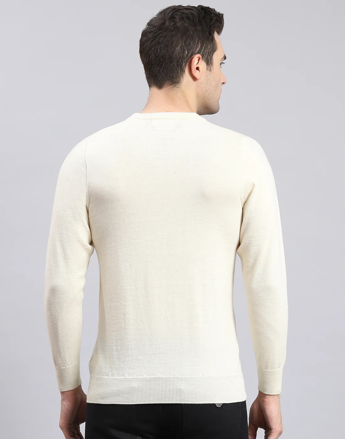 Men Off White Solid Round Neck Full Sleeve Sweater - Image 6