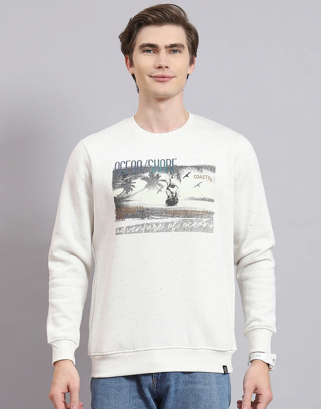 Men Off White Solid Round Neck Full Sleeve Sweatshirt - Image 2