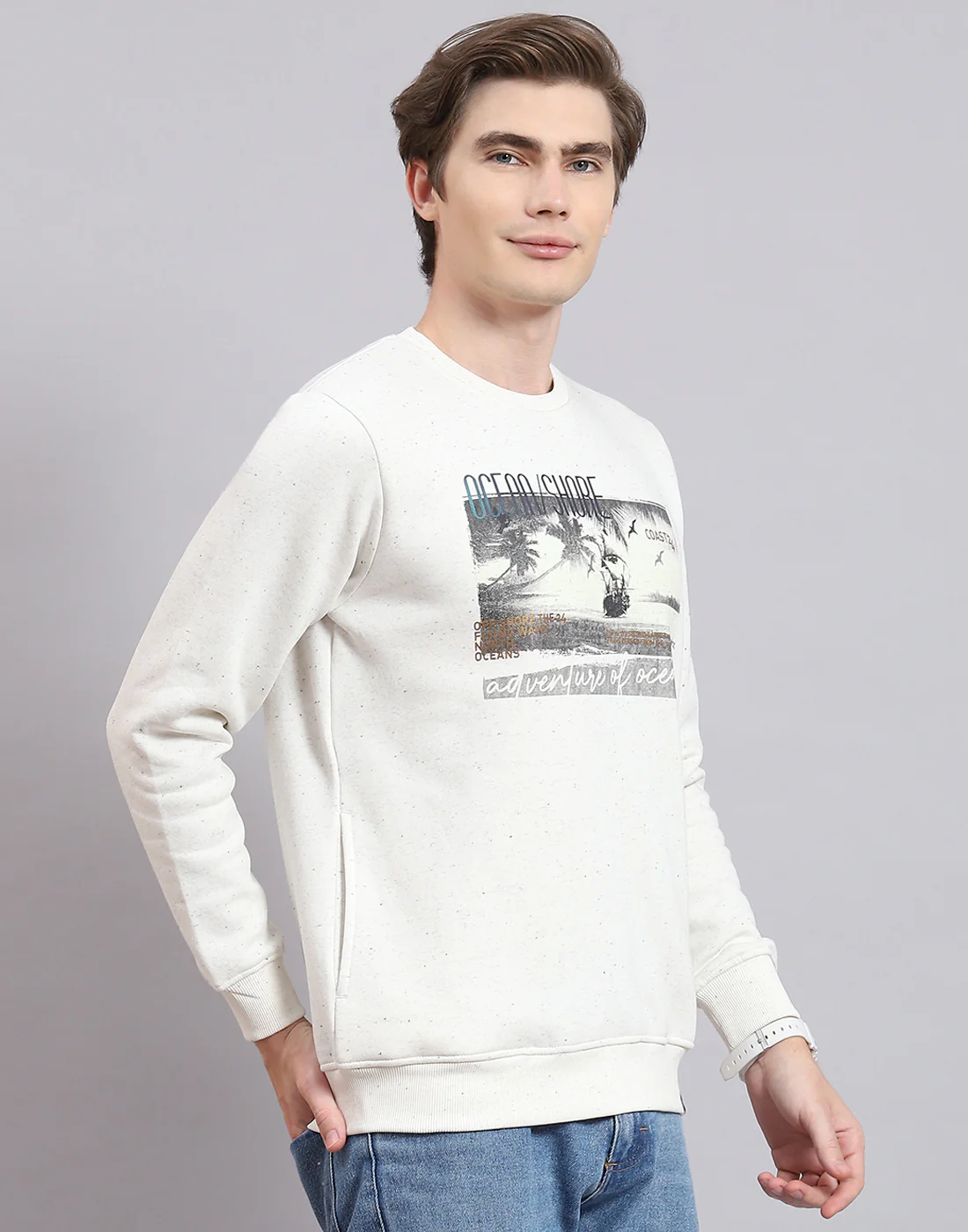 Men Off White Solid Round Neck Full Sleeve Sweatshirt - Image 4