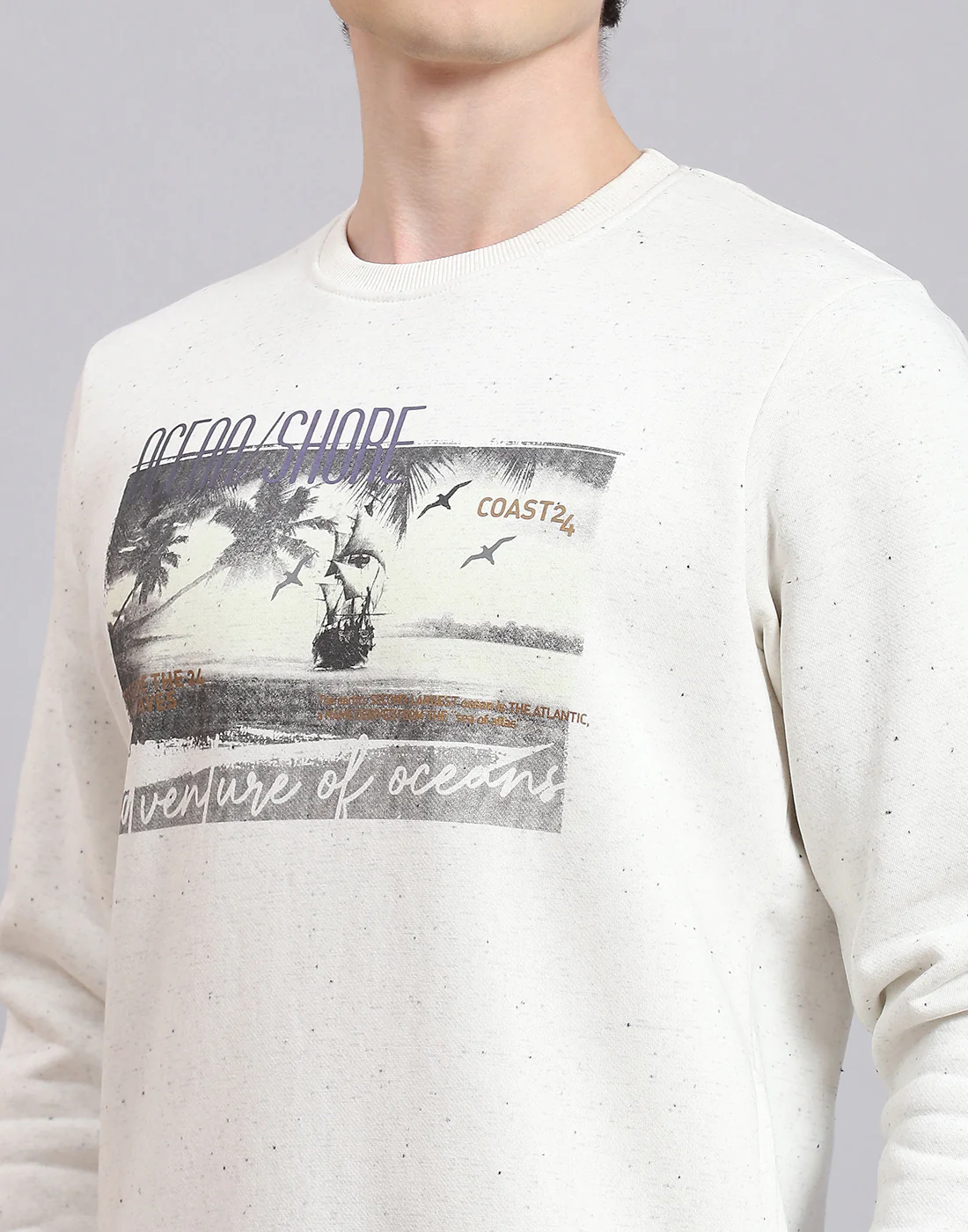 Men Off White Solid Round Neck Full Sleeve Sweatshirt - Image 7