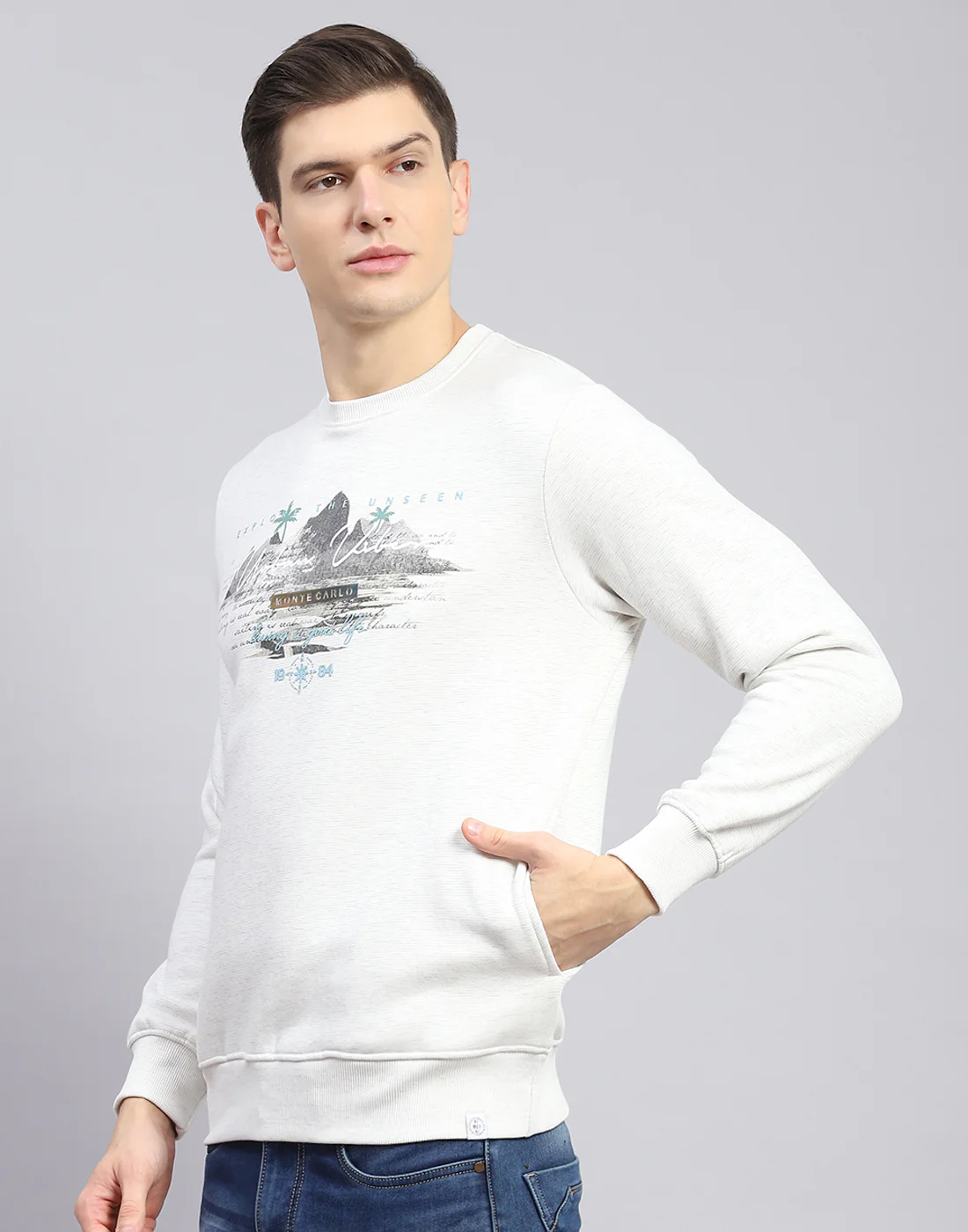 Men Off White Solid Round Neck Full Sleeve Sweatshirt - Image 4