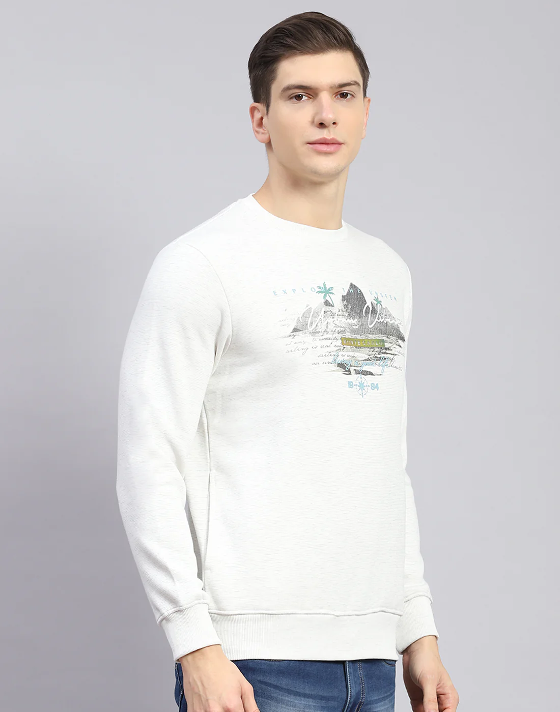Men Off White Solid Round Neck Full Sleeve Sweatshirt - Image 6
