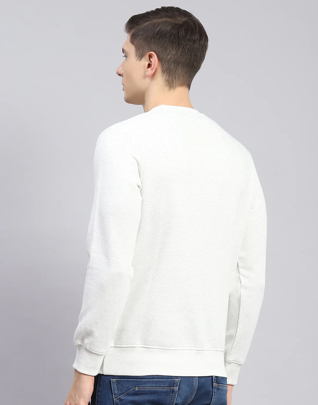 Men Off White Solid Round Neck Full Sleeve Sweatshirt - Image 7