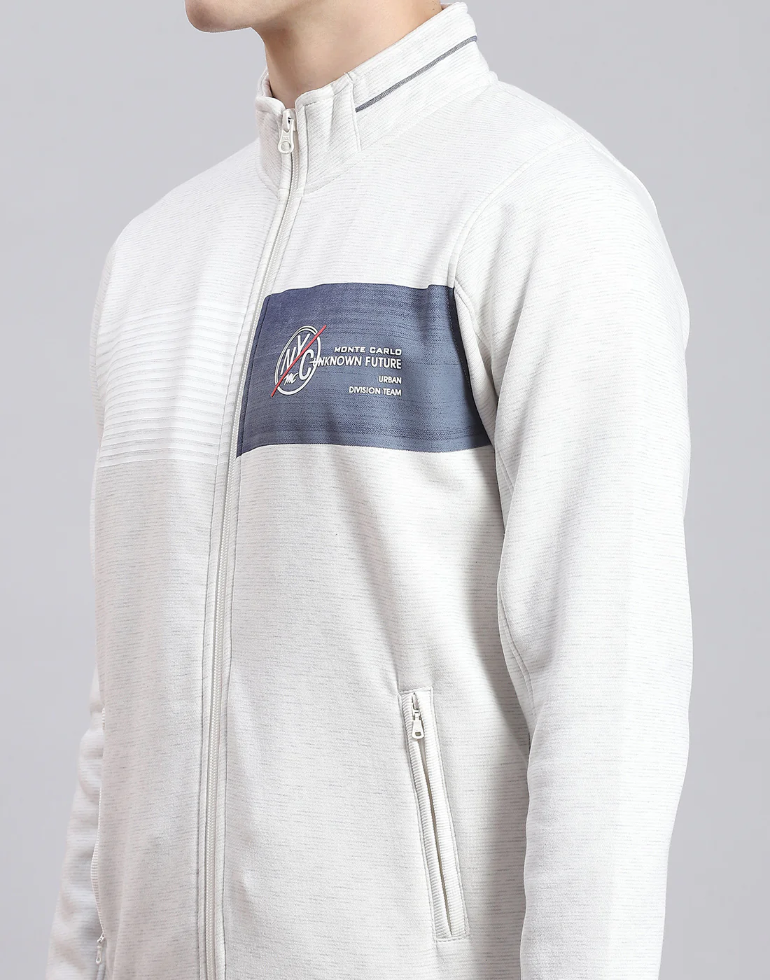 Men Off White Solid Stand Collar Full Sleeve Sweatshirt - Image 7