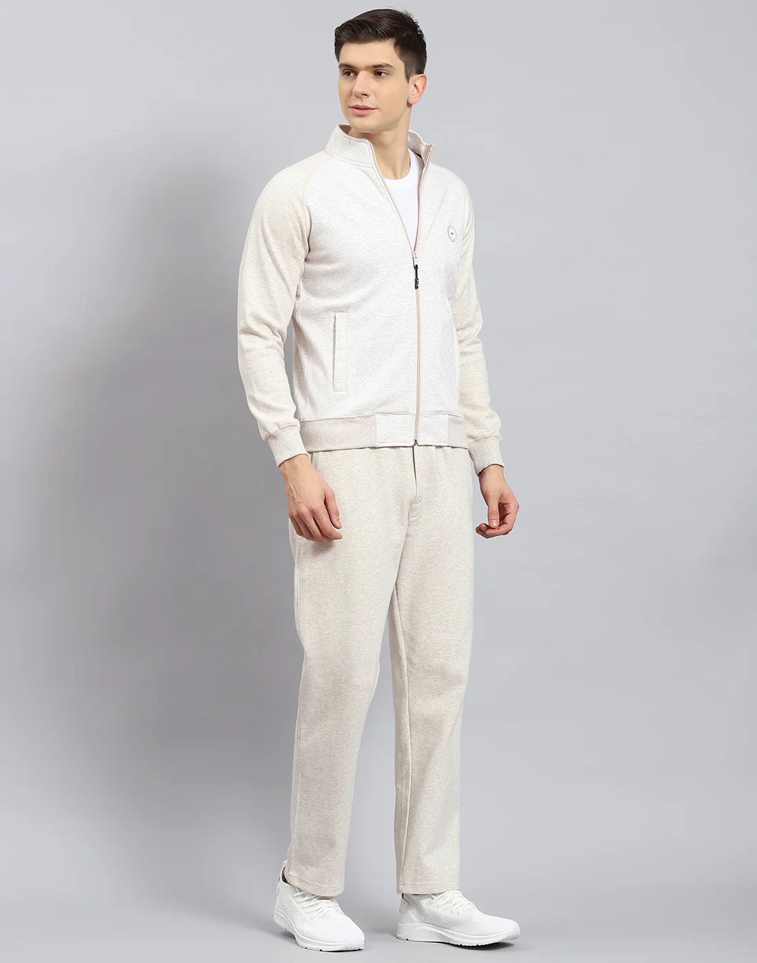 Men Off White Solid Stand Collar Full Sleeve Tracksuit - Image 6