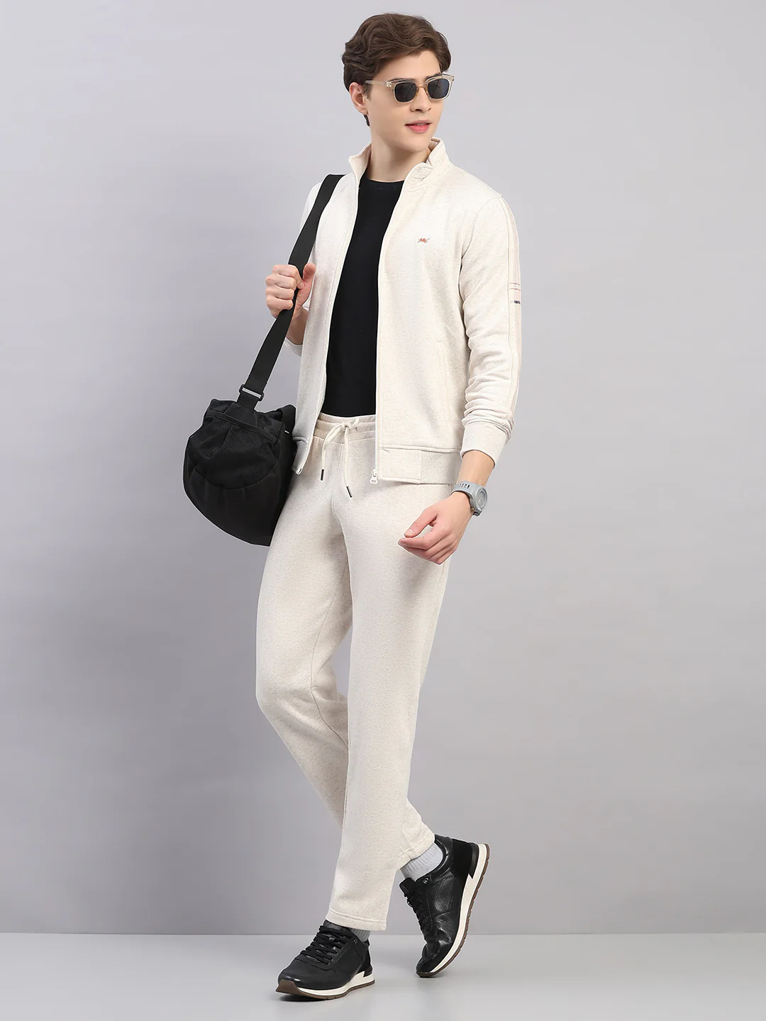 Men Off White Solid Stand Collar Full Sleeve Winter Tracksuit - Image 2