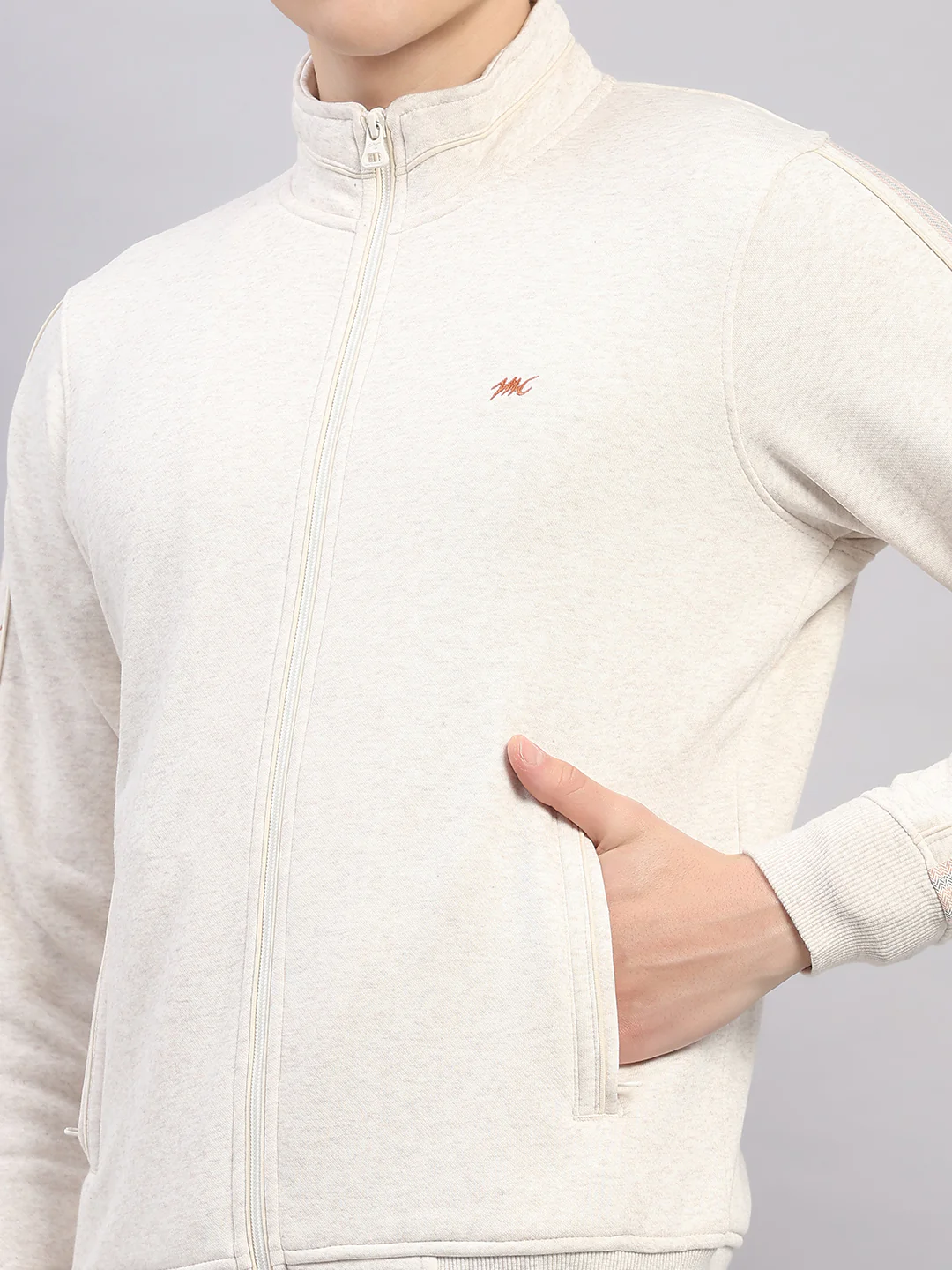 Men Off White Solid Stand Collar Full Sleeve Winter Tracksuit - Image 8