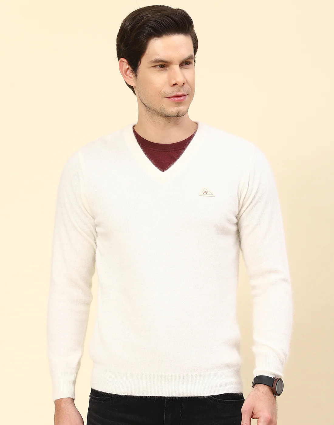 Men Off White Solid V Neck Full Sleeve Pullover - Image 3
