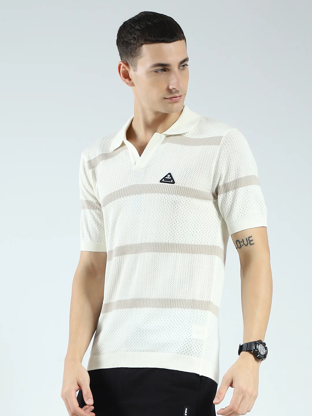 Rock.it Men Off White Stripe Collar Half Sleeve T-Shirt - Image 3