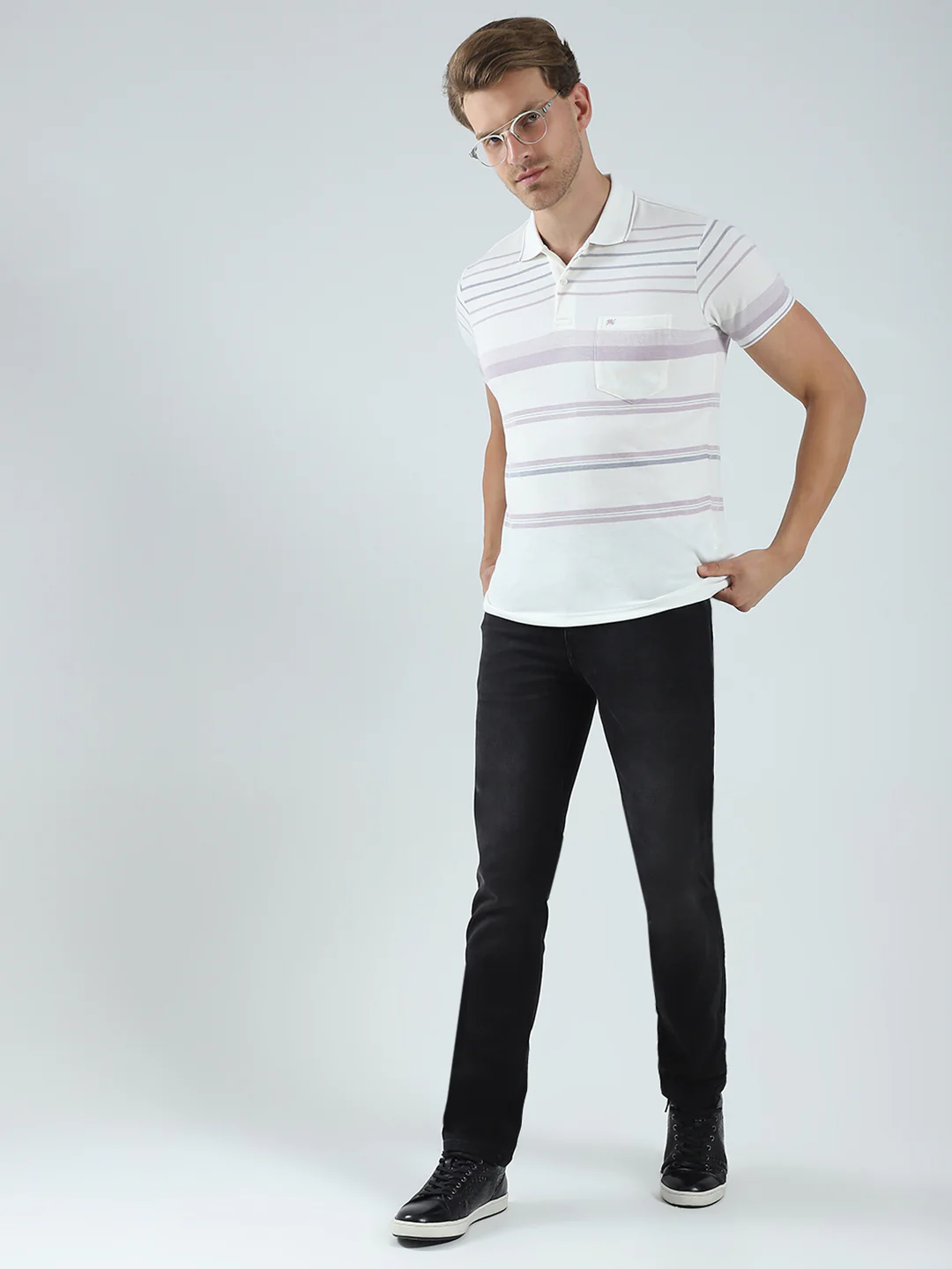 Men Off White Stripe Collar Half Sleeve T-Shirt - Image 2