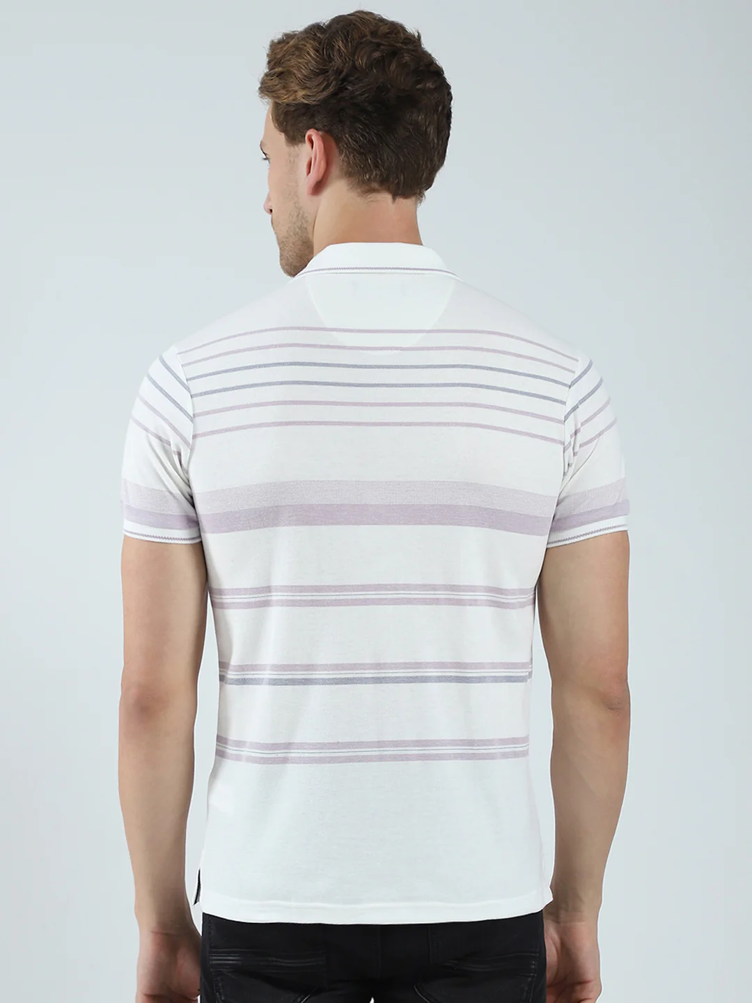 Men Off White Stripe Collar Half Sleeve T-Shirt - Image 5