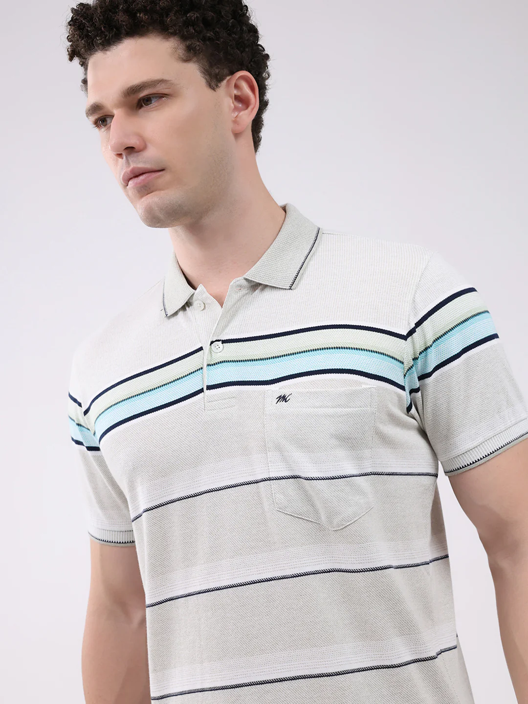 Men Off White Stripe Collar Half Sleeve T-Shirt - Image 7