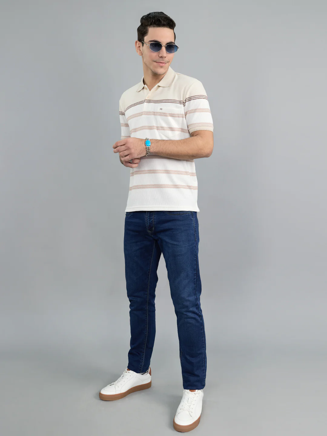 Men Off White Stripe Collar Half Sleeve T-Shirt - Image 6