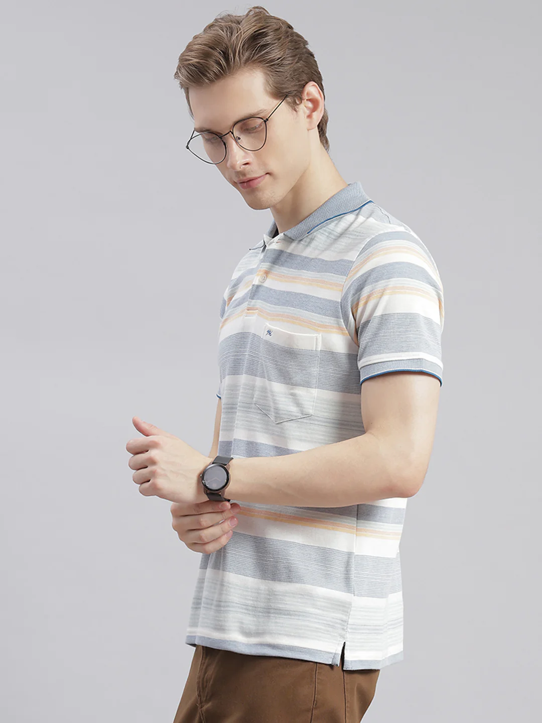 Men Off White Stripe Collar Half Sleeve T-Shirts - Image 3