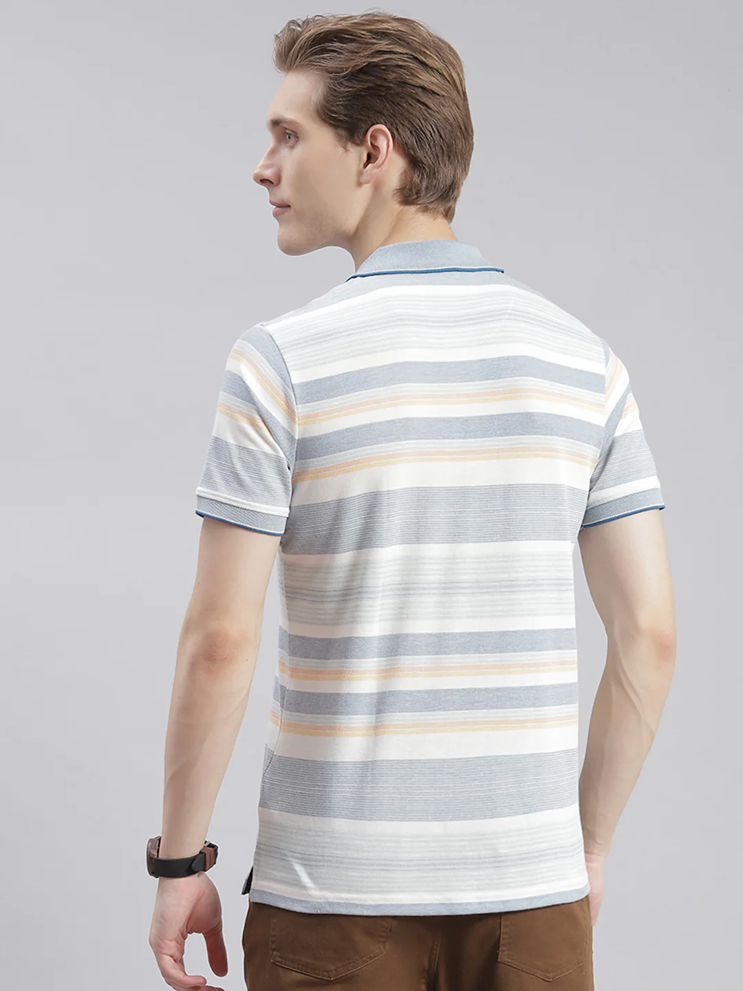 Men Off White Stripe Collar Half Sleeve T-Shirts - Image 5