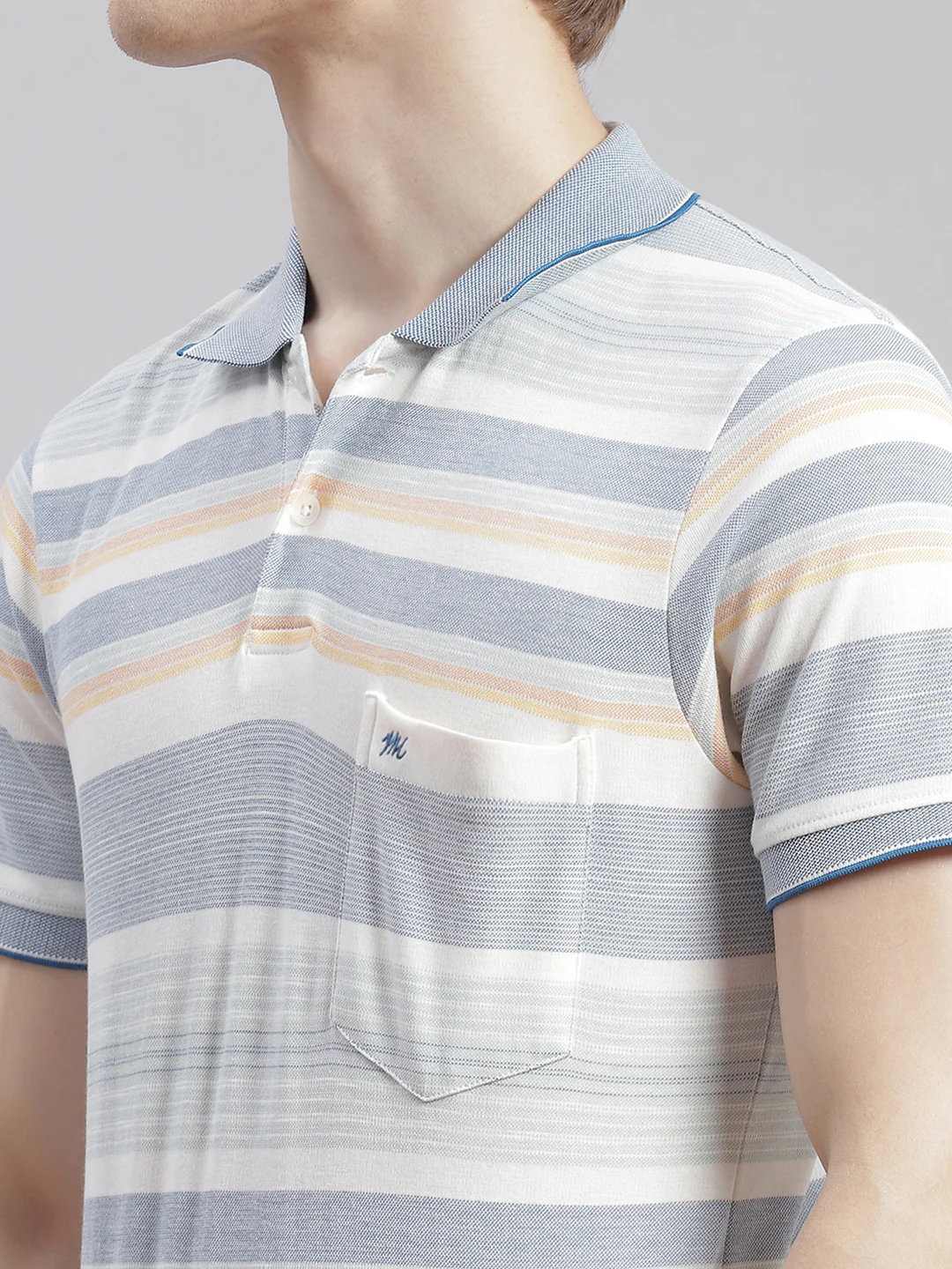 Men Off White Stripe Collar Half Sleeve T-Shirts - Image 6