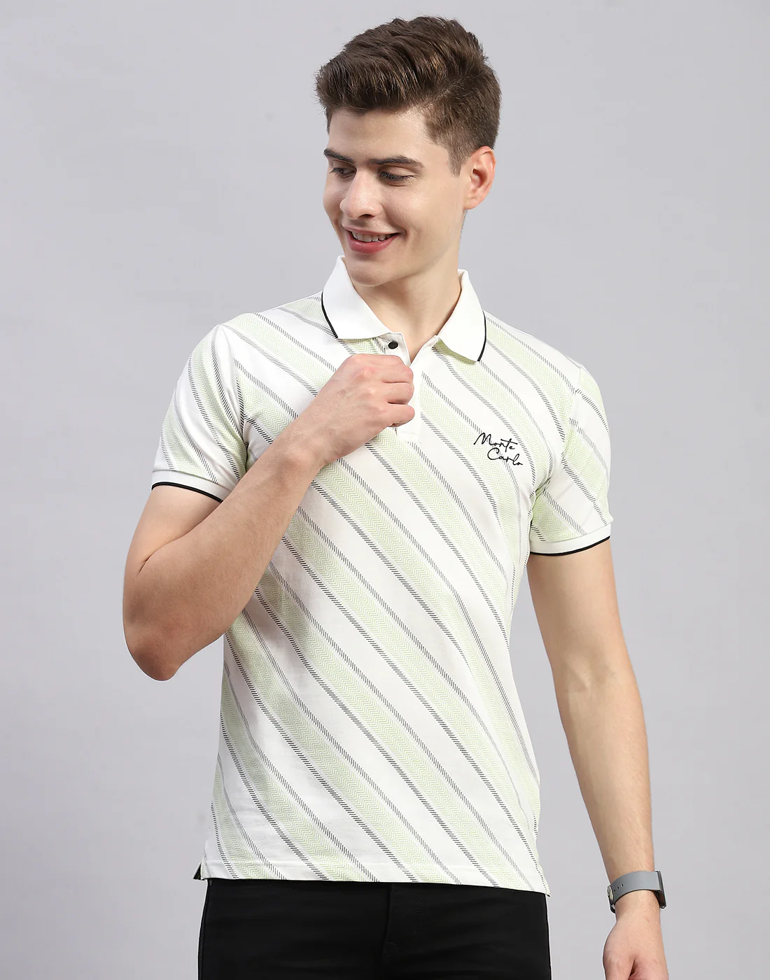 Men Off White Stripe Polo Collar Half Sleeve T-Shirt - Image 2