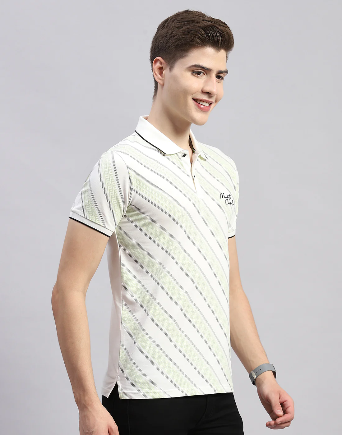 Men Off White Stripe Polo Collar Half Sleeve T-Shirt - Image 4