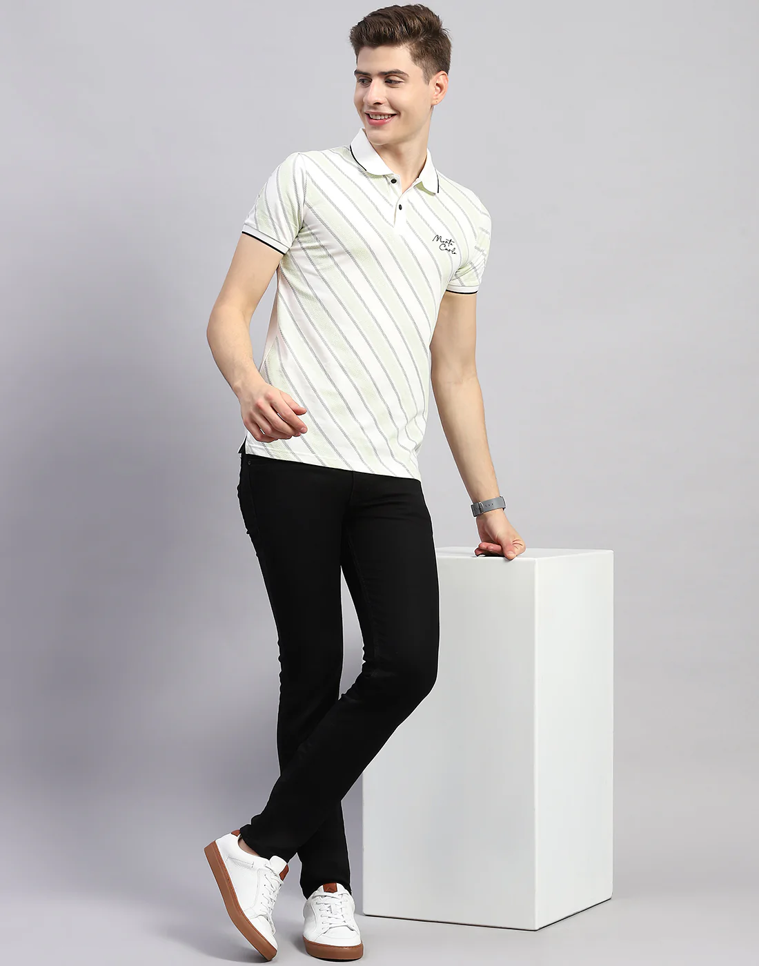 Men Off White Stripe Polo Collar Half Sleeve T-Shirt - Image 6