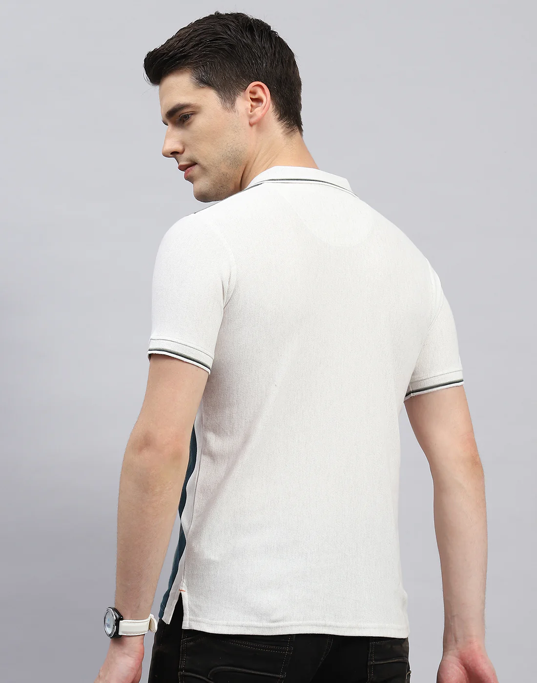 Men Off White Stripe Polo Collar Half Sleeve T-Shirt - Image 5