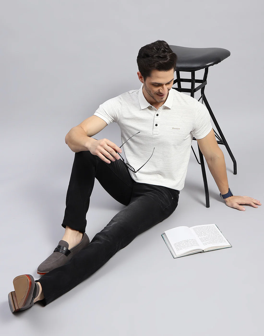 Men Off White Stripe Polo Collar Half Sleeve T-Shirt - Image 2