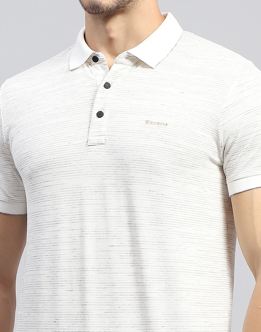 Men Off White Stripe Polo Collar Half Sleeve T-Shirt - Image 7