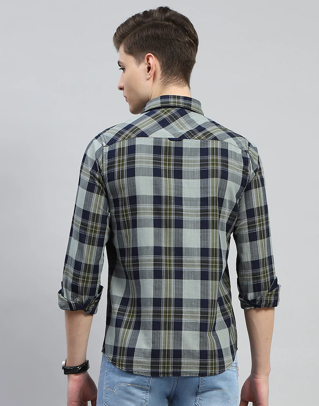 Men Olive Check Collar Full Sleeve Shirt - Image 5