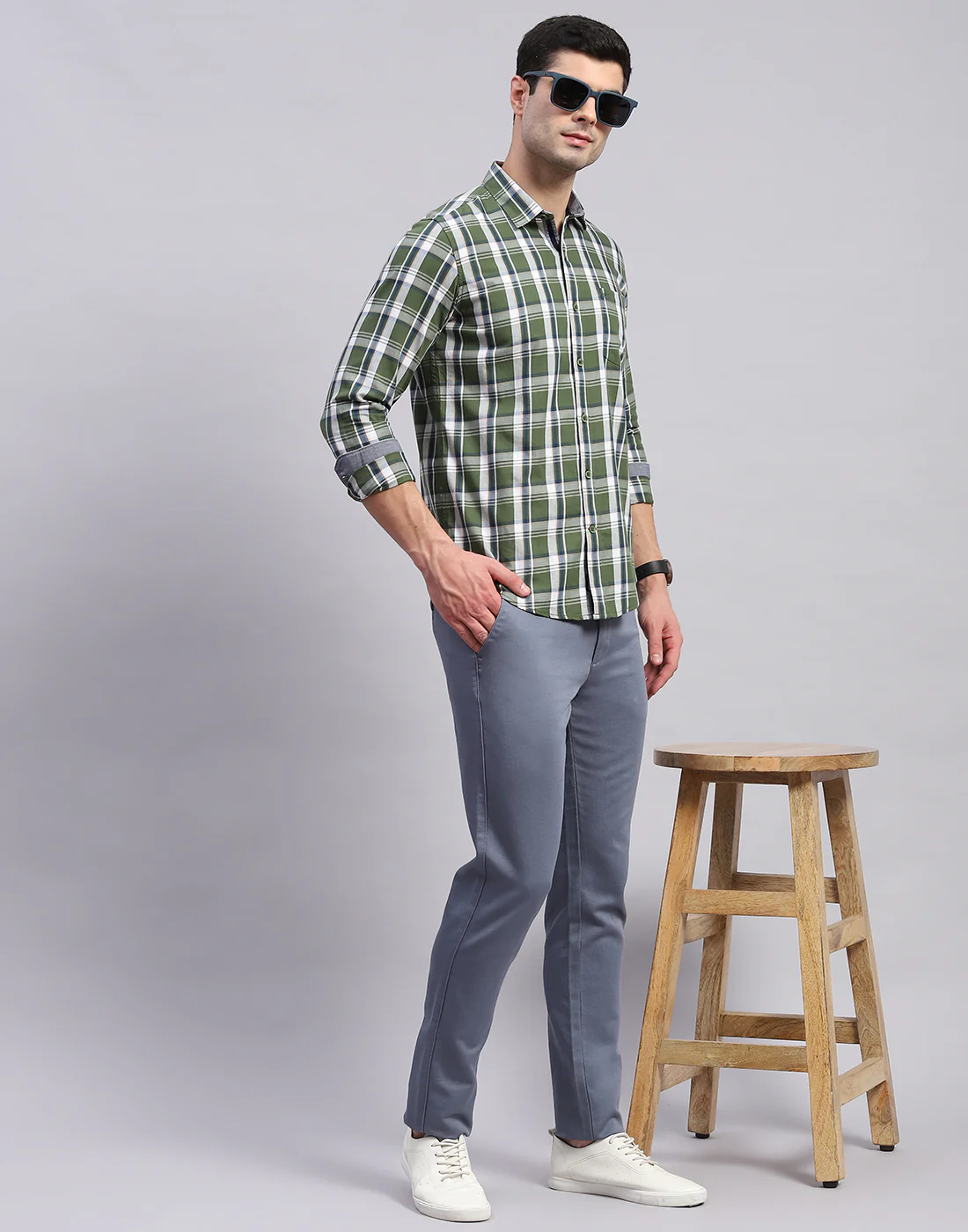 Men Olive Check Collar Full Sleeve Shirt - Image 2