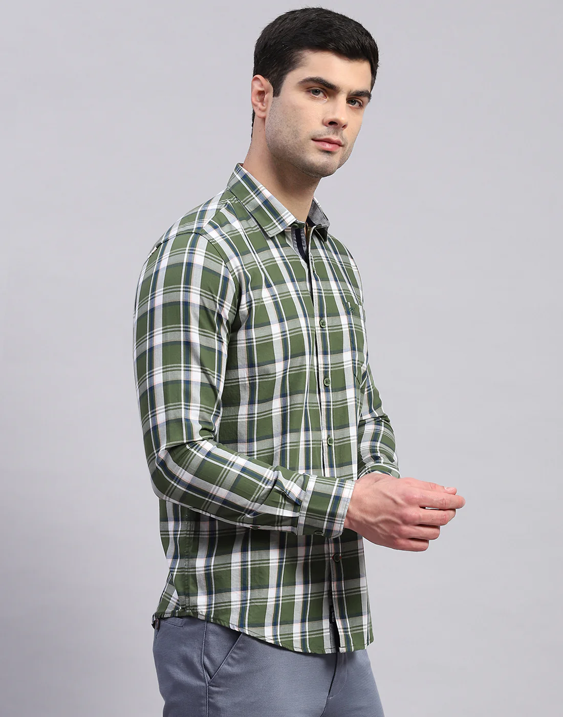 Men Olive Check Collar Full Sleeve Shirt - Image 4