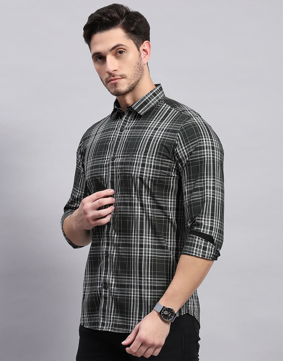 Men Olive Check Collar Full Sleeve Shirt - Image 4