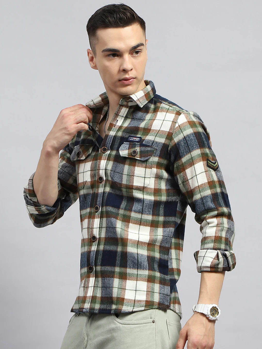 Men Olive Check Collar Full Sleeve Shirt - Image 3