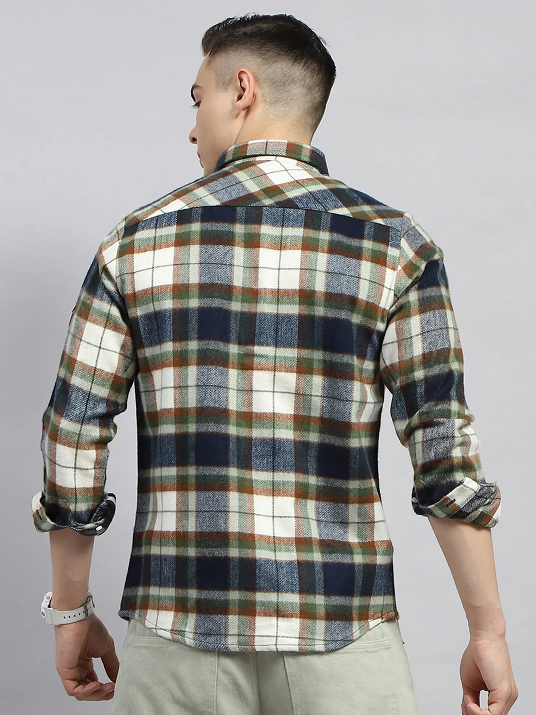 Men Olive Check Collar Full Sleeve Shirt - Image 5