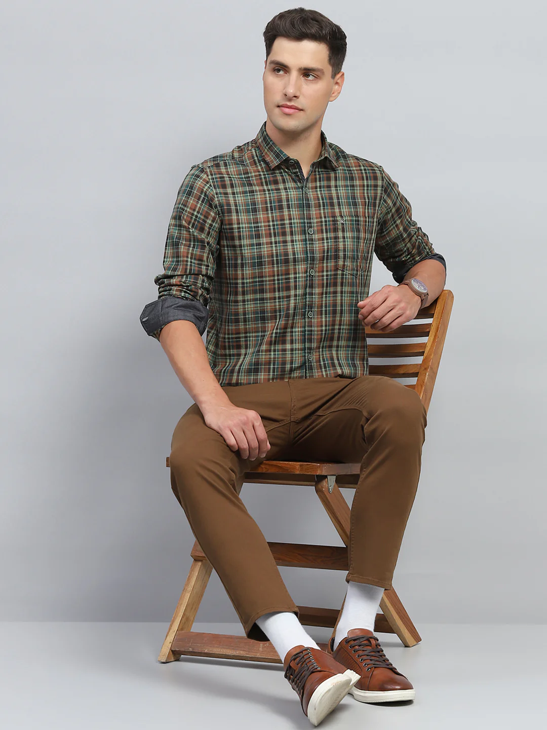 Men Olive Check Collar Full Sleeve Shirt - Image 2