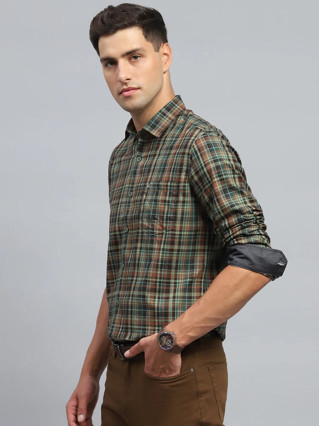 Men Olive Check Collar Full Sleeve Shirt - Image 3