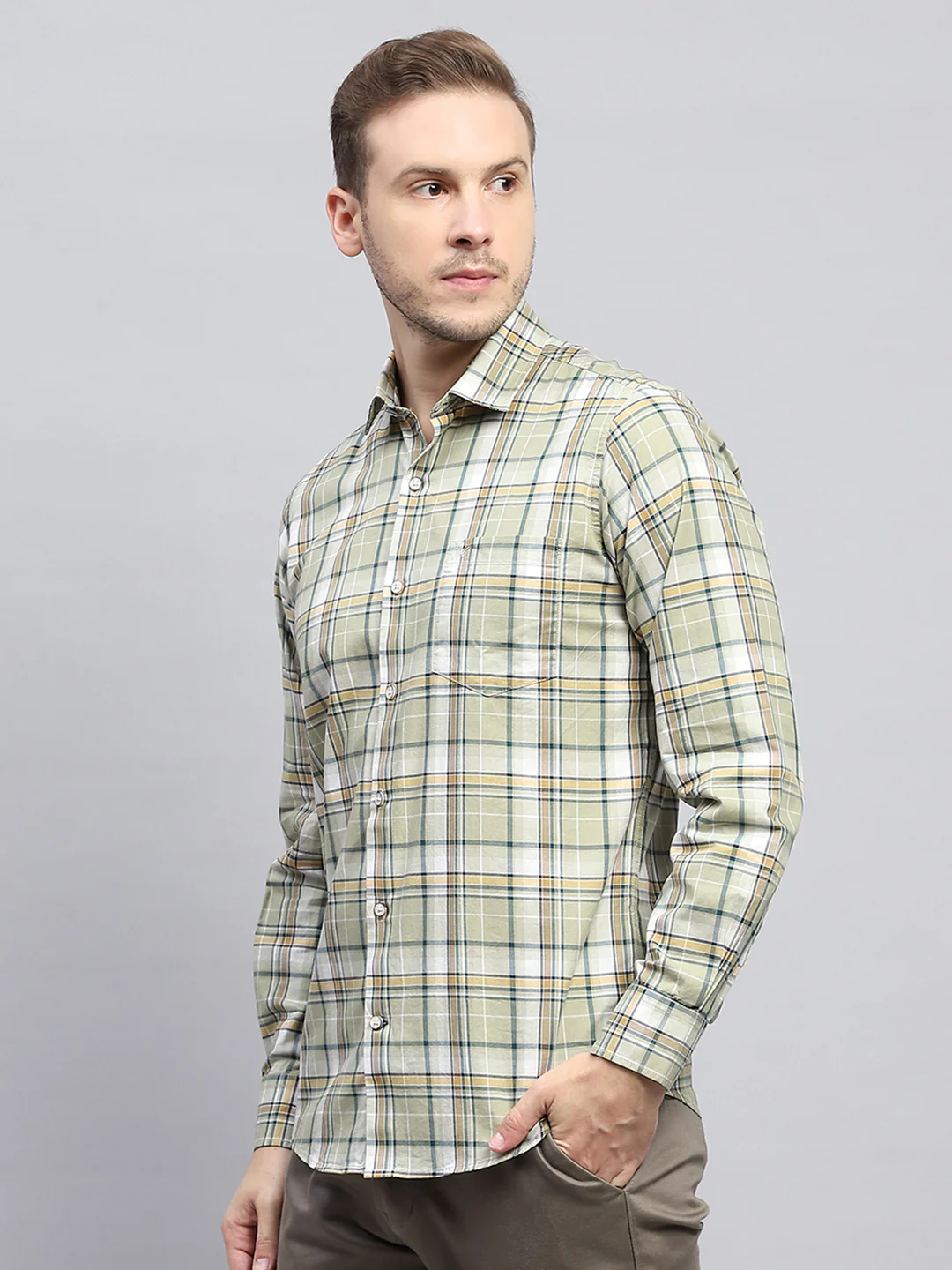 Men Olive Check Collar Full Sleeve Shirt - Image 3