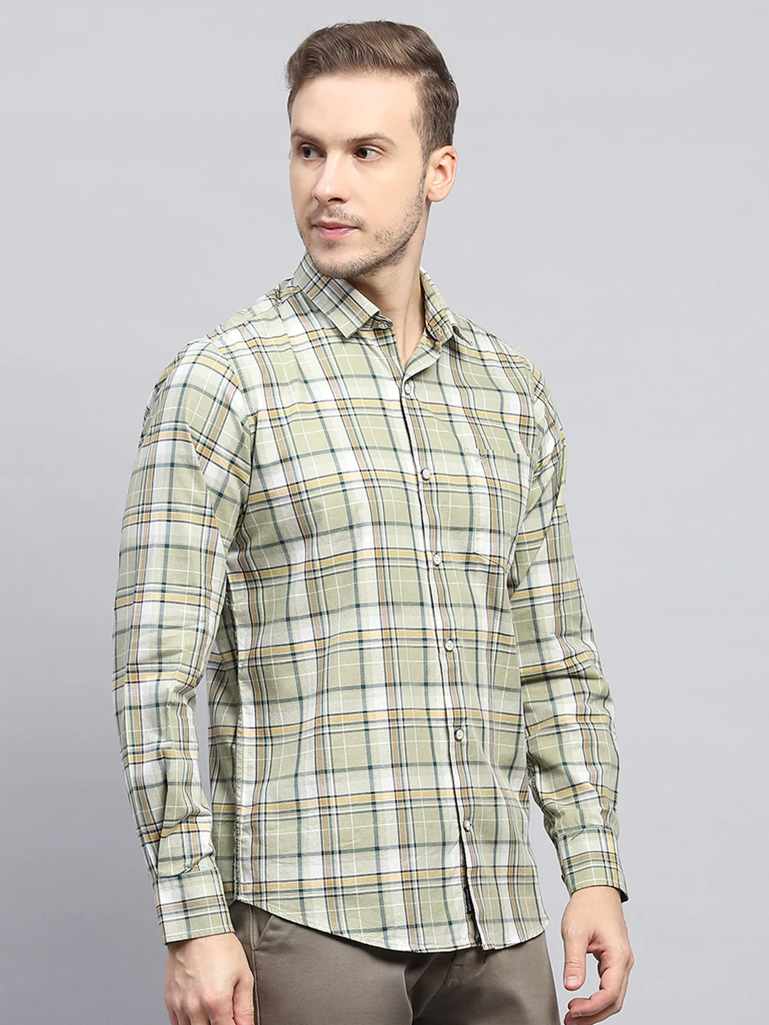 Men Olive Check Collar Full Sleeve Shirt - Image 4
