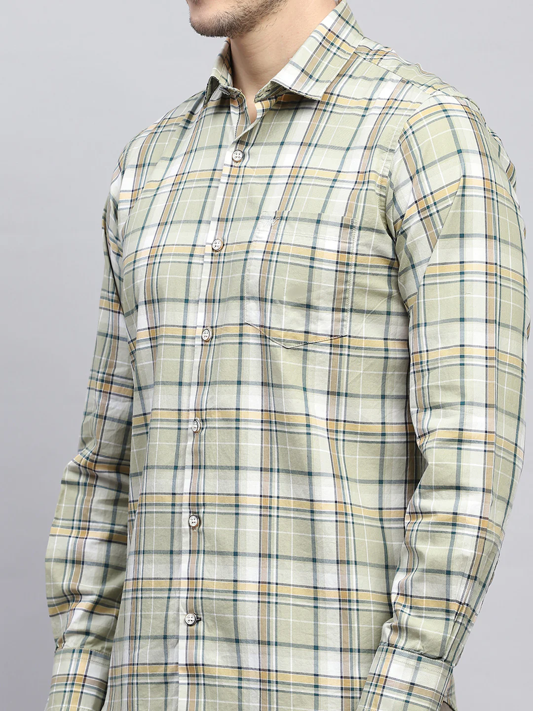 Men Olive Check Collar Full Sleeve Shirt - Image 6