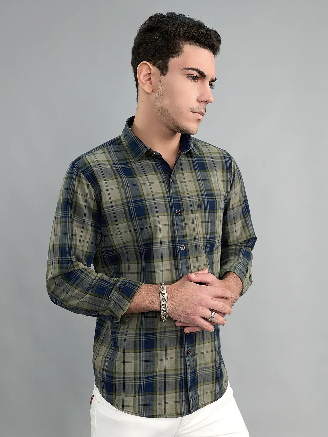 Men Olive Check Collar Full Sleeve Shirt - Image 2