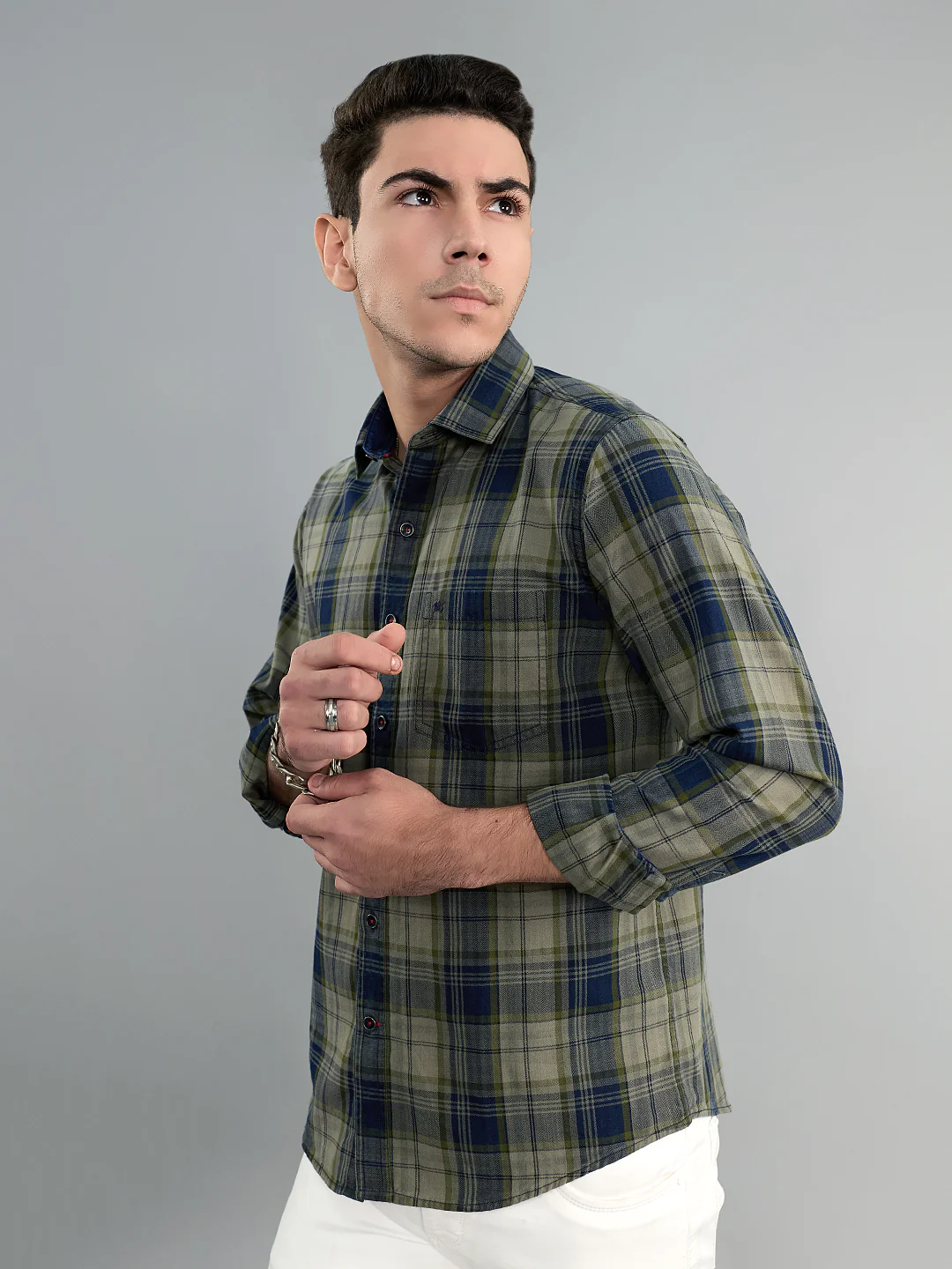 Men Olive Check Collar Full Sleeve Shirt - Image 3