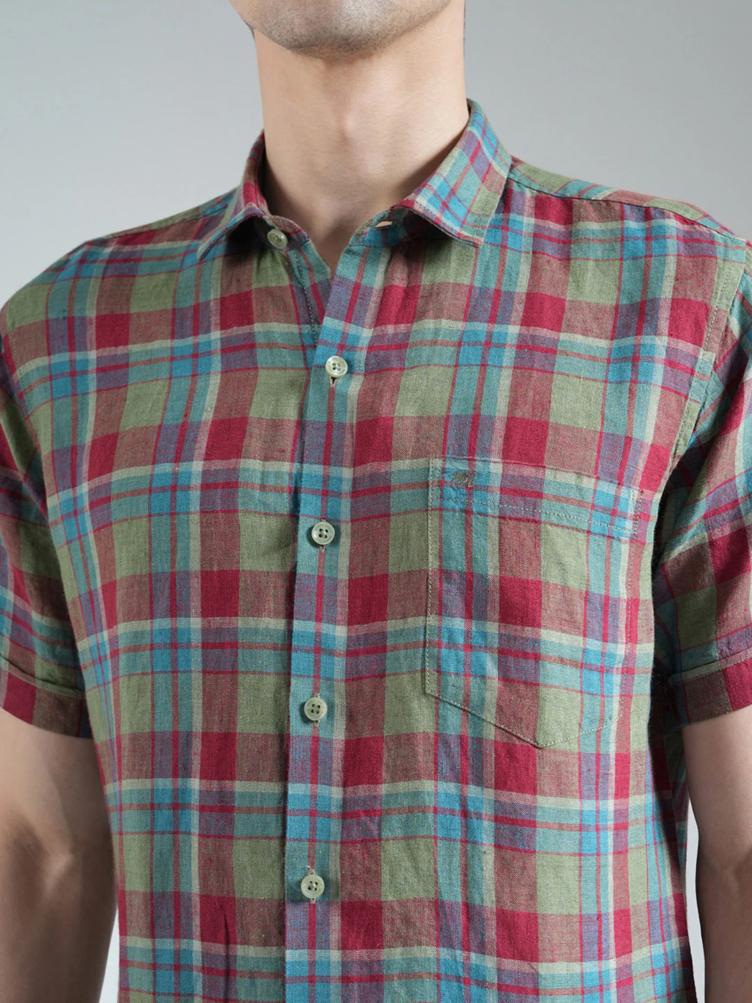 Men Olive Check Collar Half Sleeve Linen Shirt - Image 6