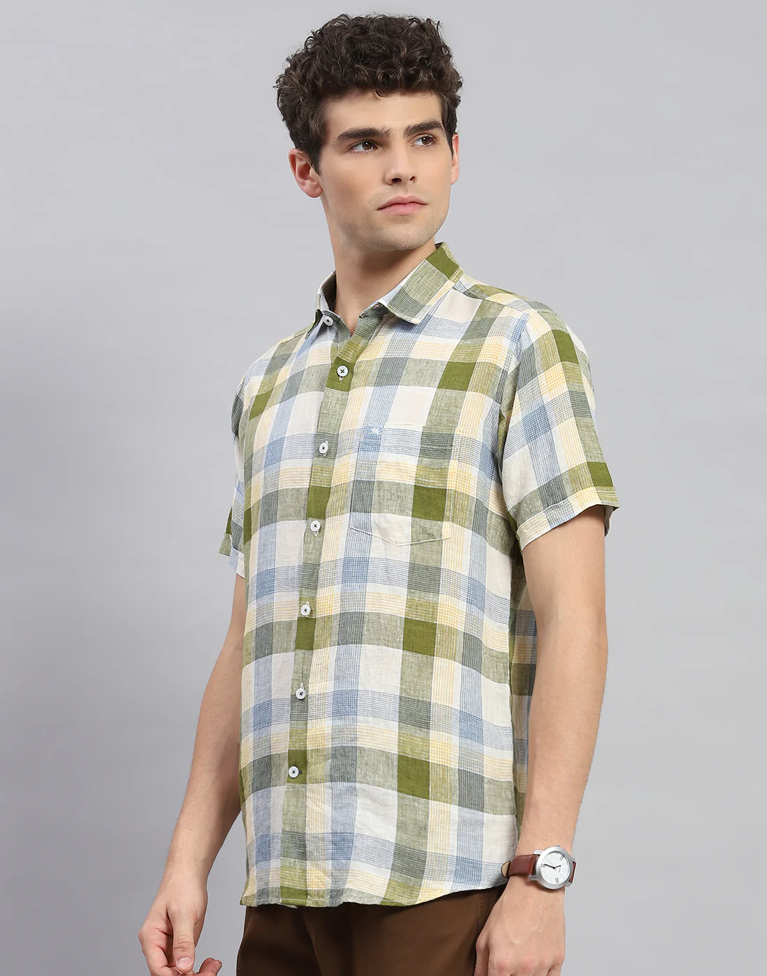 Men Olive Check Collar Neck Half Sleeve Linen Shirt - Image 3
