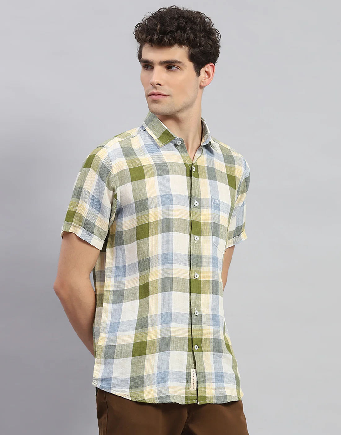 Men Olive Check Collar Neck Half Sleeve Linen Shirt - Image 4
