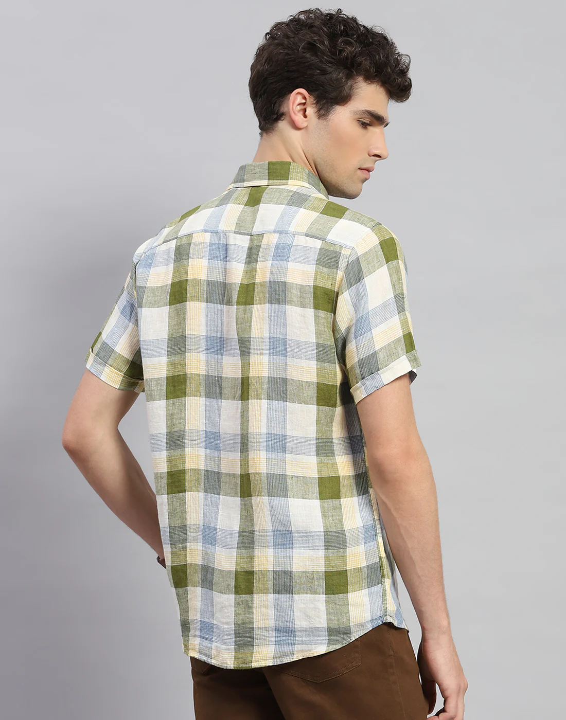 Men Olive Check Collar Neck Half Sleeve Linen Shirt - Image 5